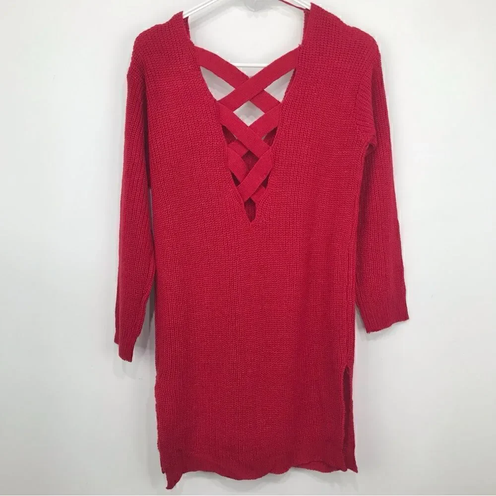 Ambiance Apparel Red Criss Cross Back Tunic Sweater NEW
